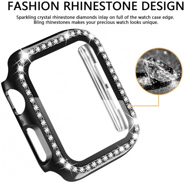 Wholesale Crystal Diamond Rhinestone Case with Built In Tempered Glass Screen Protector for Apple Watch Series 6/5/4/SE [40mm] (Black)